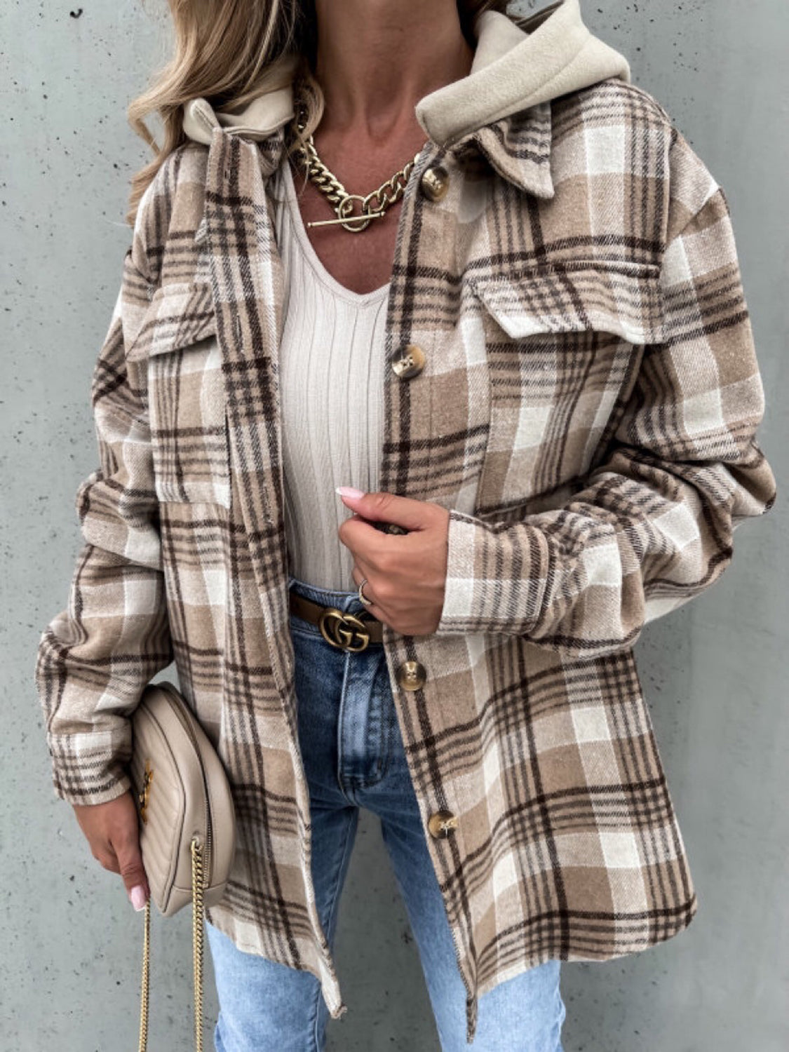 Plaid Button Up Jacket with Removable Hood - Black Ivory Apparel & Boutique