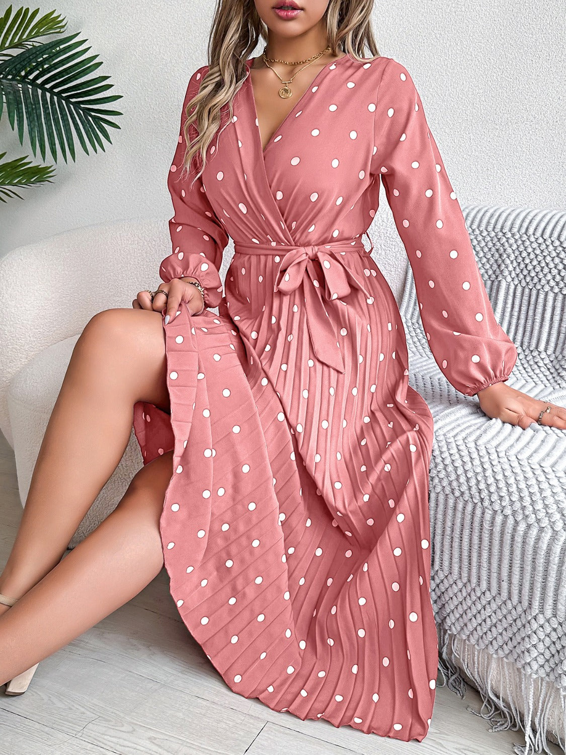 Tied Polka Dot Long Sleeve Midi Dress - Black Ivory Apparel and Boutique