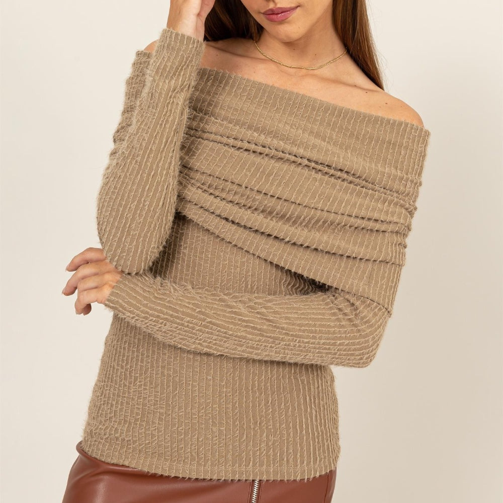 
                      
                        HYFVE Fuzzy Off Shoulder Textured Knit Top
                      
                    