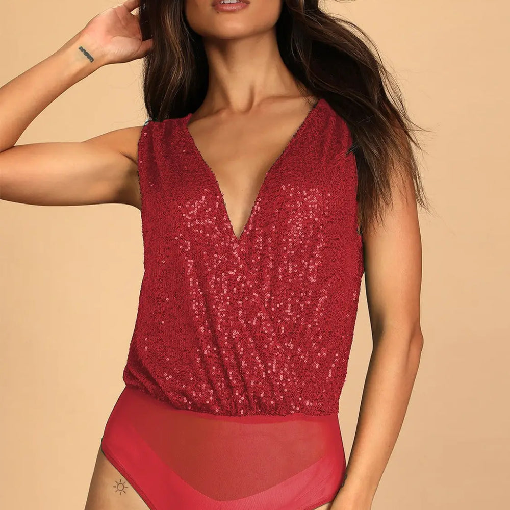 
                  
                    Sequin Surplice Sleeveless Bodysuit Trendsi
                  
                