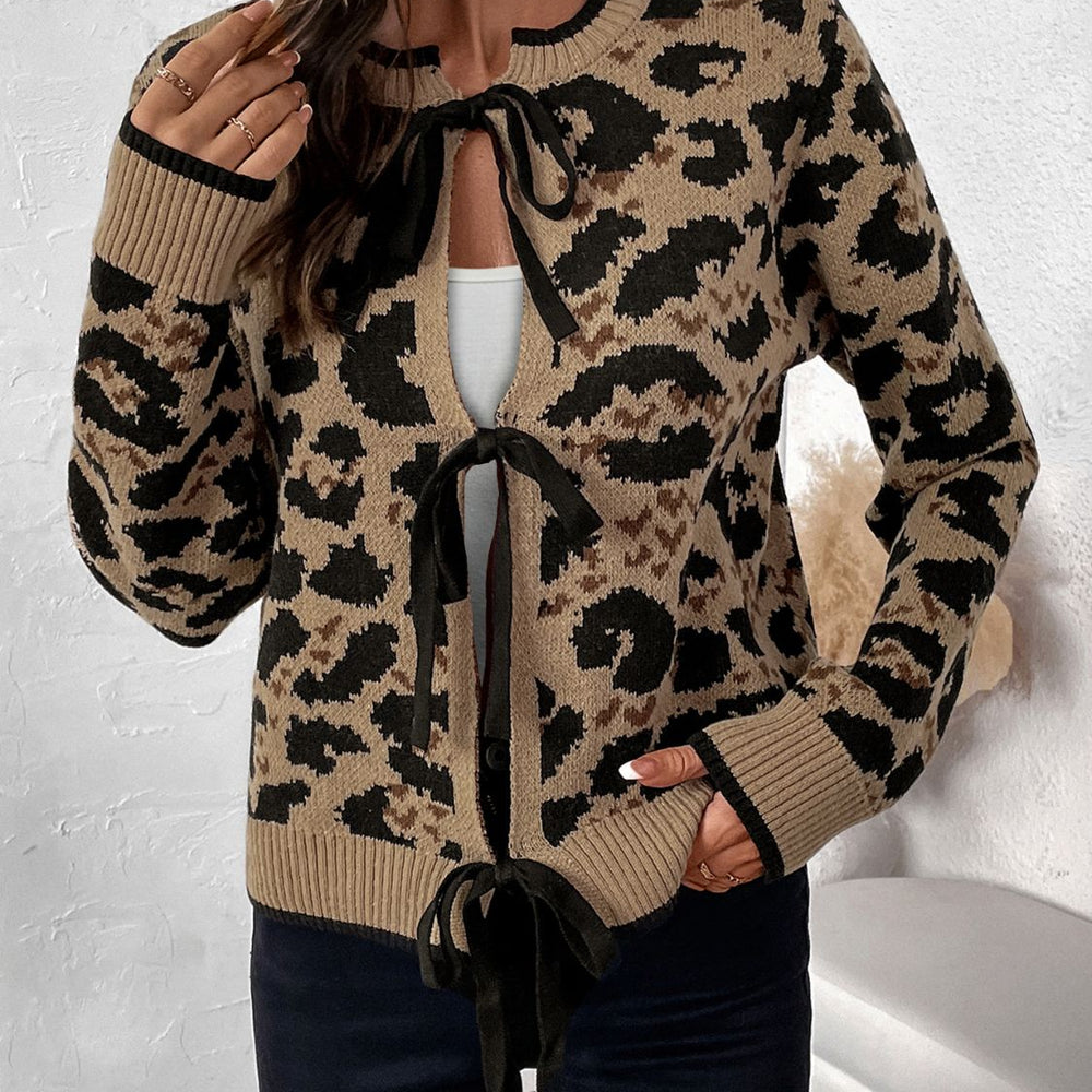 Perfee Tied Leopard Long Sleeve Cardigan