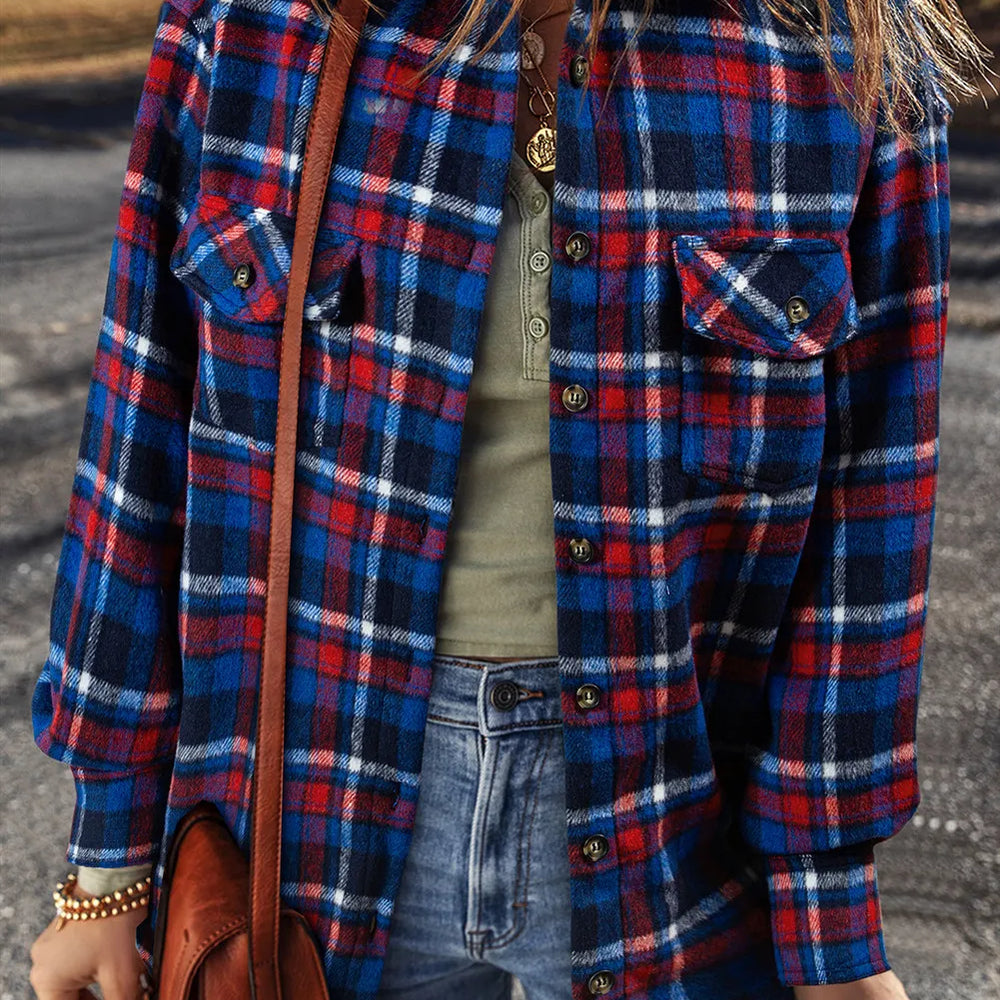 
                      
                        Pocketed Plaid Collared Neck Long Sleeve Shacket
                      
                    