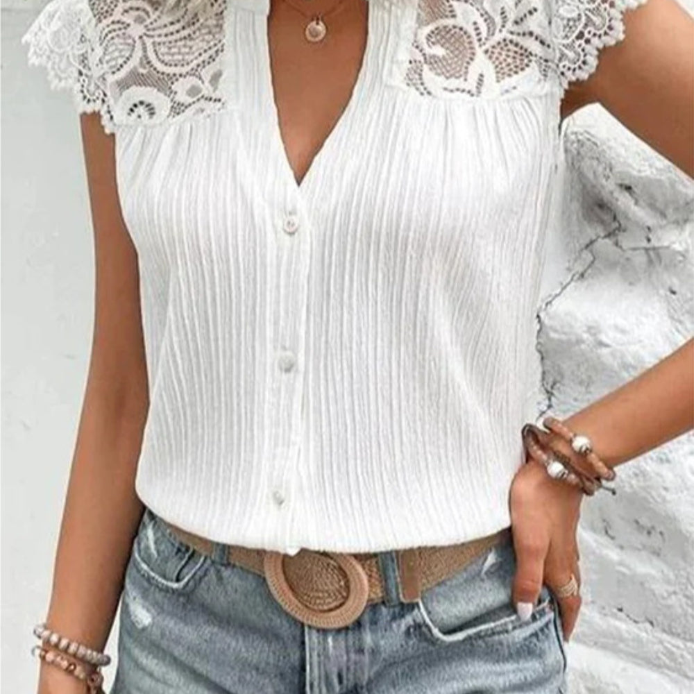 
                      
                        Lace Detail Notched Cap Sleeve Blouse
                      
                    