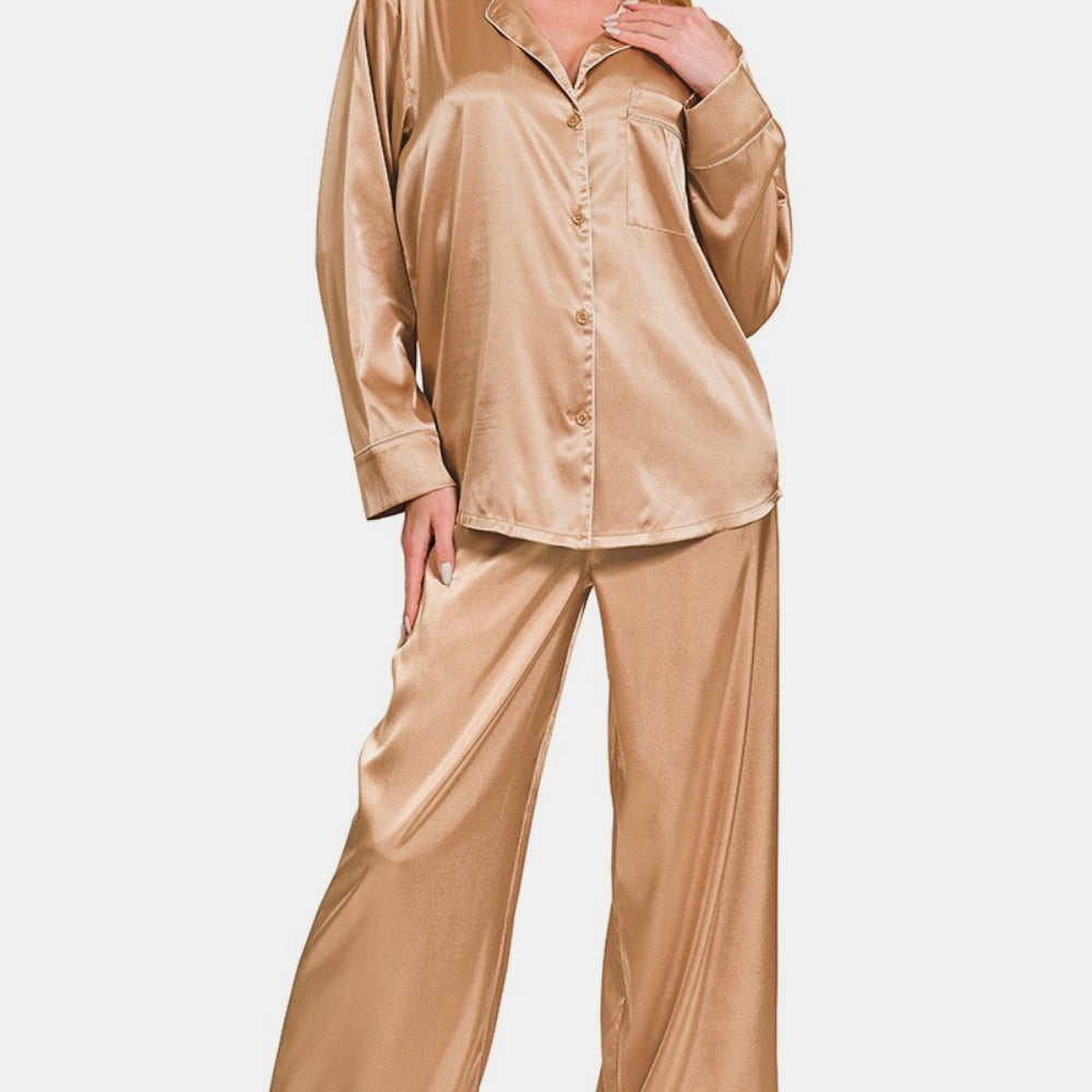 
                      
                        Zenana Satin Long Sleeve Shirt and Pants Pajama Set
                      
                    