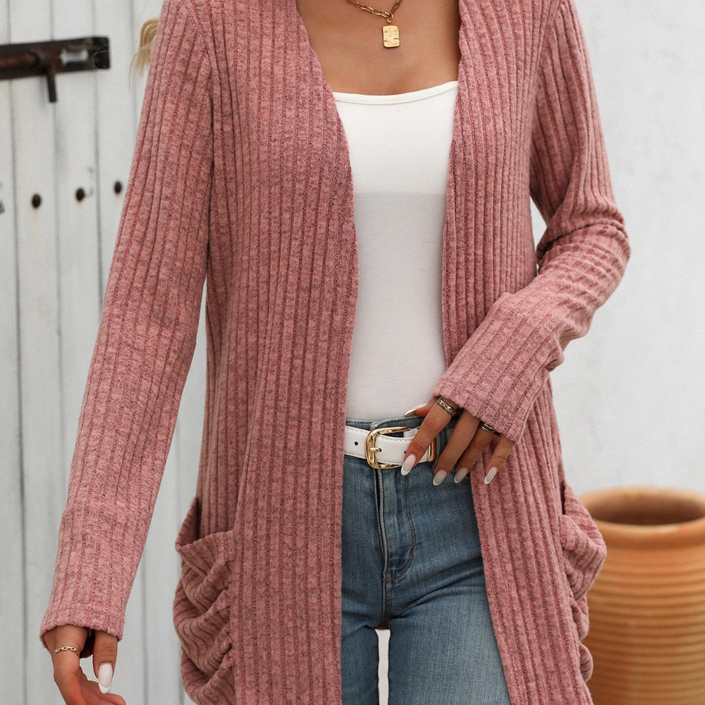 Open Front Long Sleeve Ribbed Cardigan