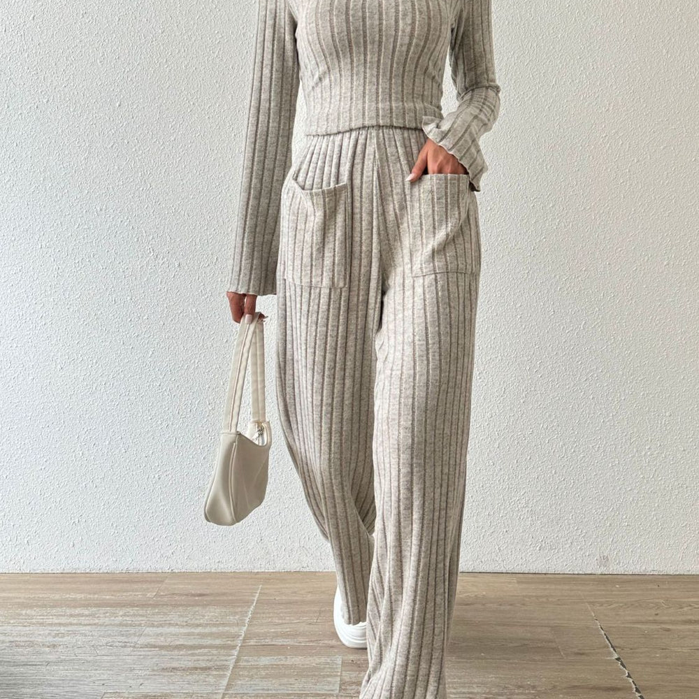 Ribbed V-Neck Long Sleeve Top and Pocketed Pants Set