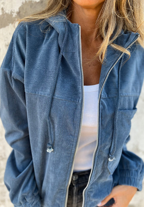 Pocketed Zip Up Long Sleeve Hooded Jacket - Black Ivory Apparel & Boutique