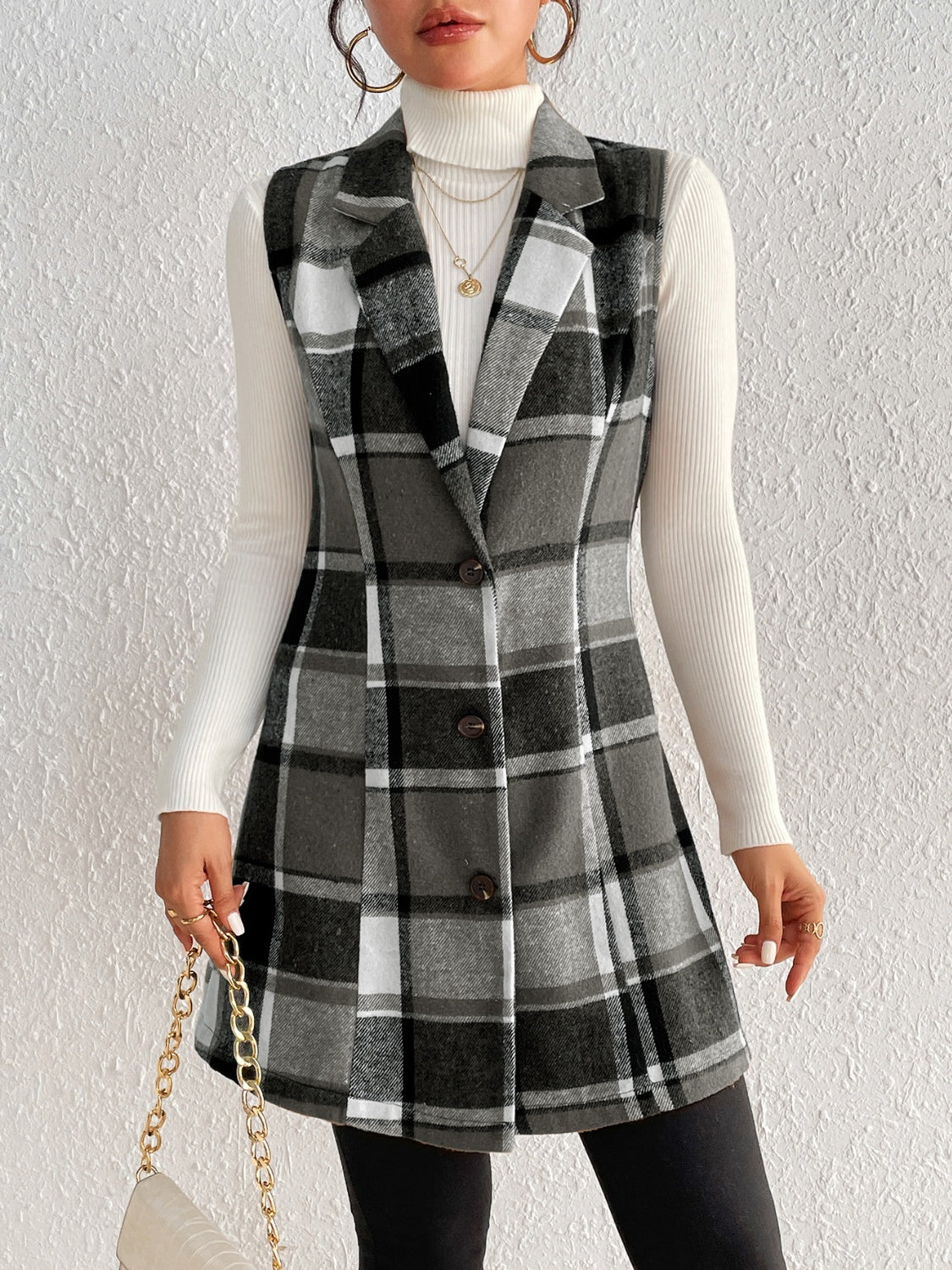 Plaid Button Up Vest Coat - Black Ivory Apparel and Boutique