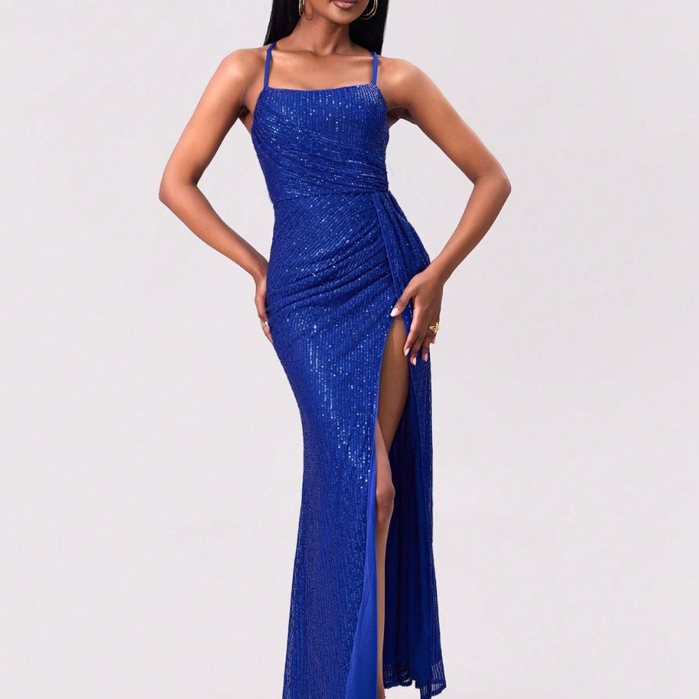 Slit Sequin Square Neck Spaghetti Strap Dress