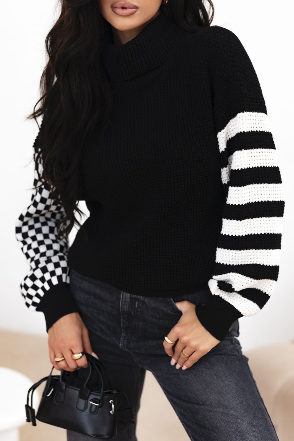 Striped & Checkered Turtleneck Dropped Shoulder Sweater - Black Ivory Apparel & Boutique