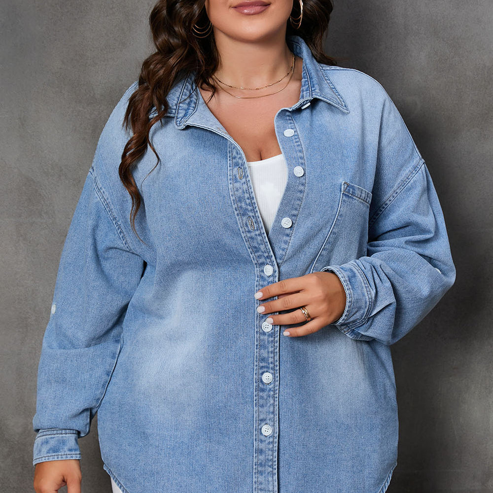 Plus Size Button Up Pocketed Denim Top