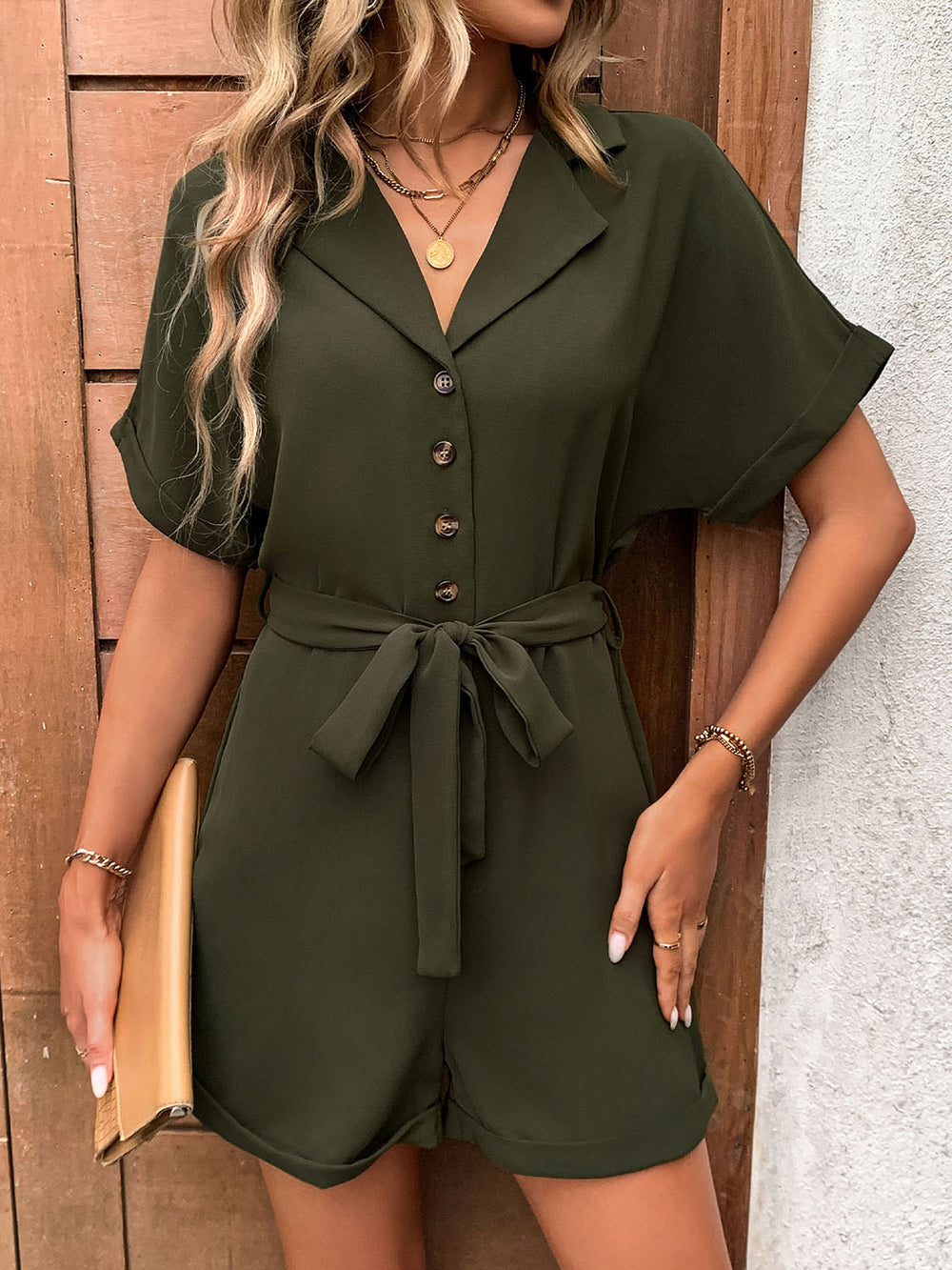 Half Button Tie Waist Short Sleeve Romper