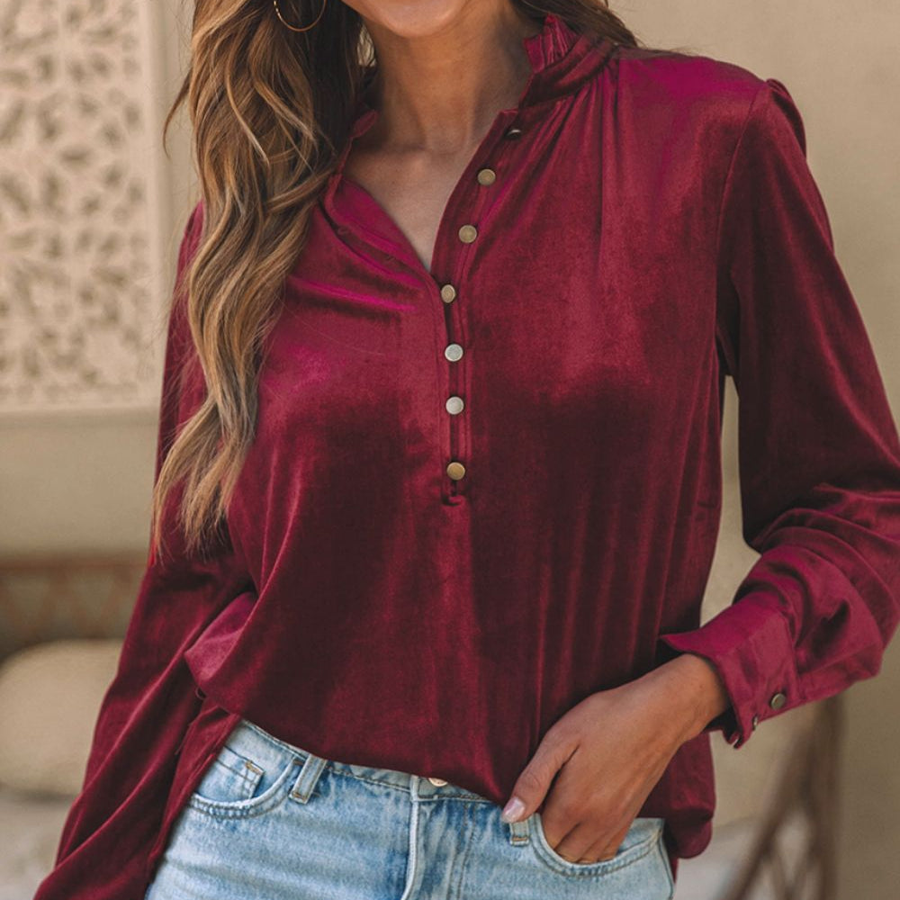 
                  
                    Frill Half Button Mock Neck Long Sleeve Blouse
                  
                