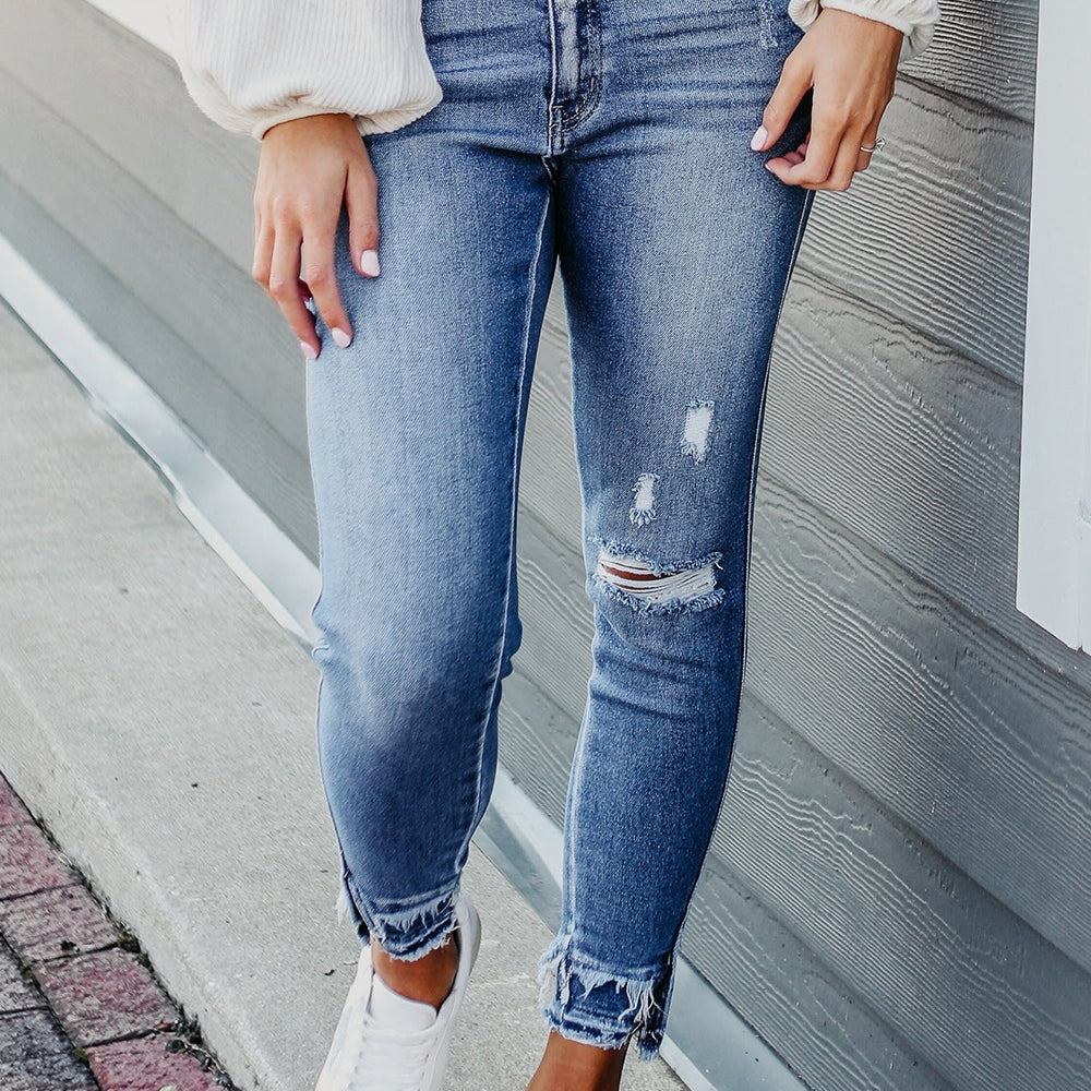 
                      
                        Raw Hem Distressed Jeans with Pockets
                      
                    