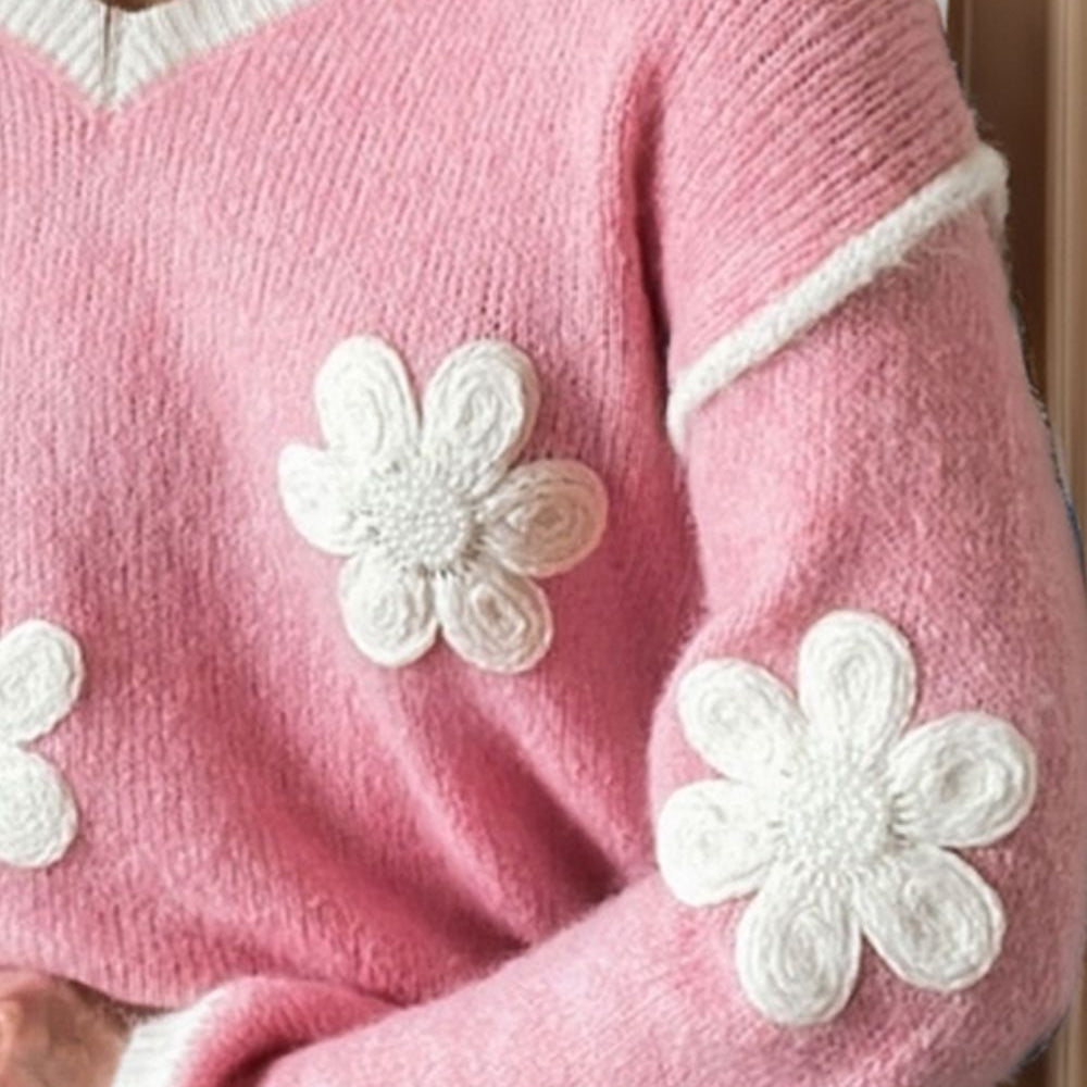 Flower V-Neck Dropped Shoulder Sweater