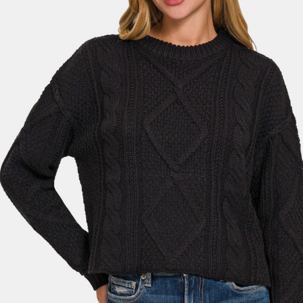 Zenana Cropped High Low Cable Sweater with Side Slits