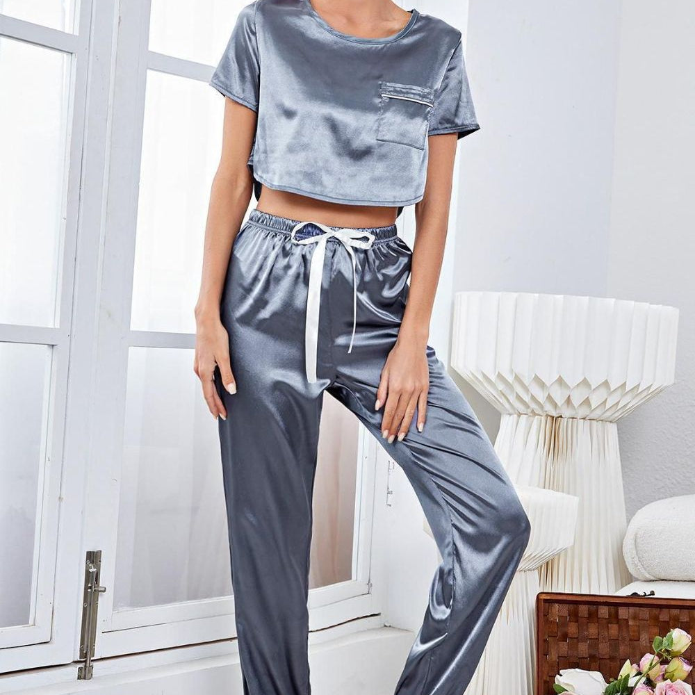 
                  
                    Satin Short Sleeve Crop Top and Joggers Lounge Set
                  
                